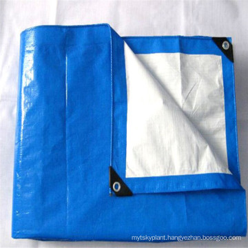 High quality blue white pe tarpaulin with black plastic corner around eyelets